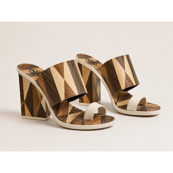 Tory Burch Shoes - Tory Burch Geometric Marquetry Block Heel Sandals Brown White Leather 7.5M